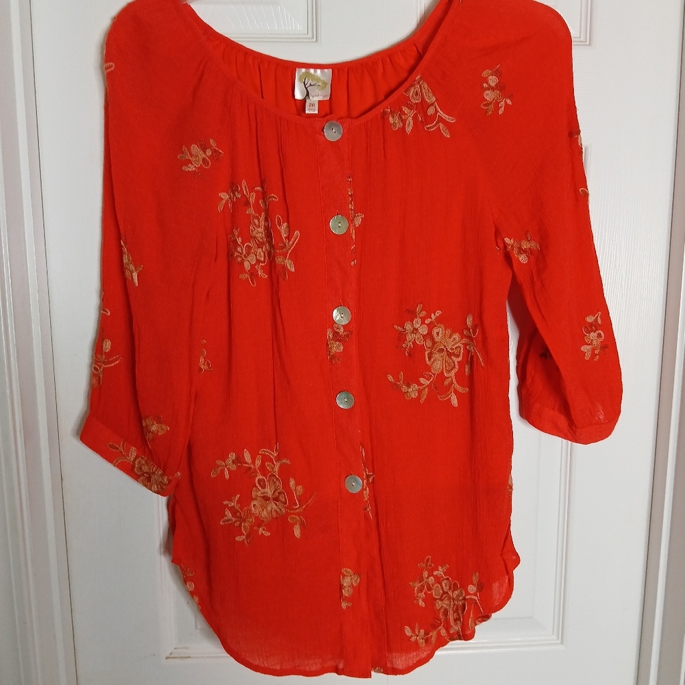 Fig and Flower Orange Gauzy Embroidered Blouse Sz Med